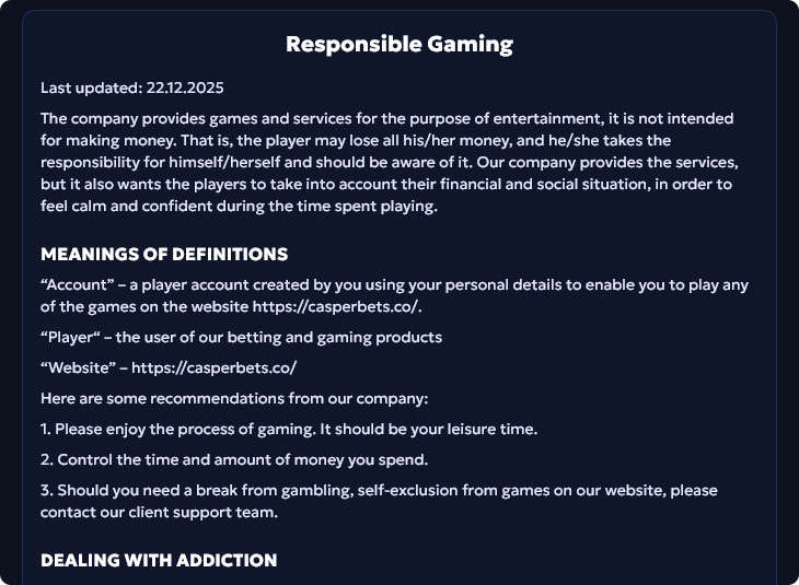 Casper Bets Casino Responsible Gaming