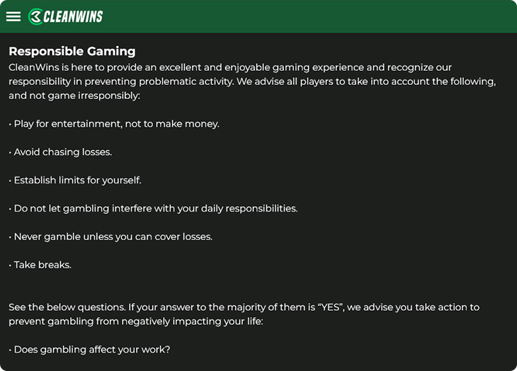 Cleanwins Casino Responsible Gaming