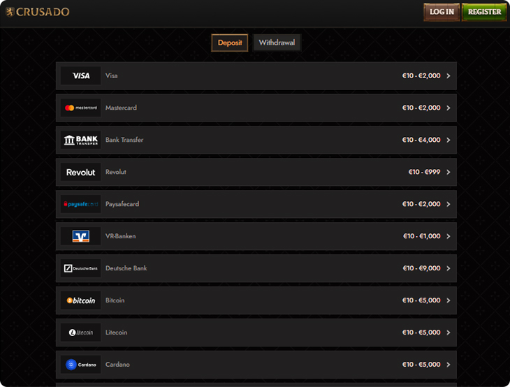 Μέθοδοι Κατάθεσης Crusado Casino