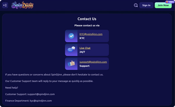 SpinDjinn Casino Support