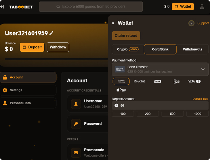 Taboobet Casino Deposit Methods