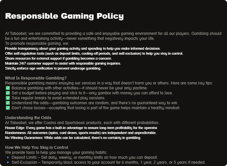 Taboobet Casino odgovorno igranje