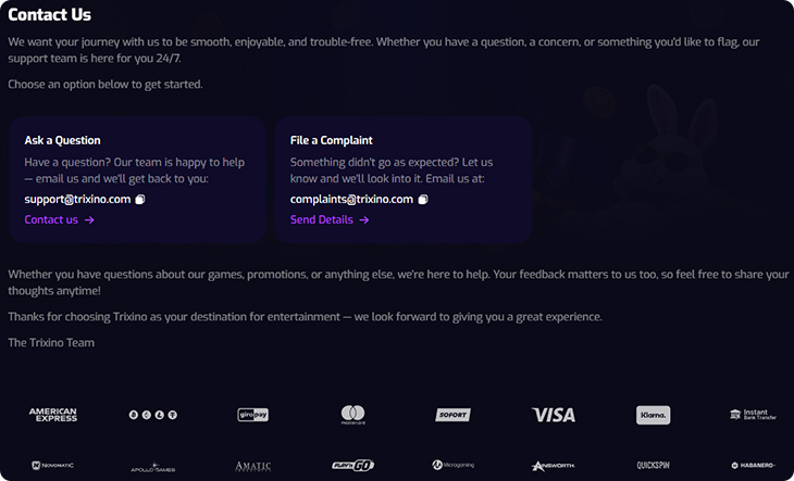 Trixino Casino Customer Support